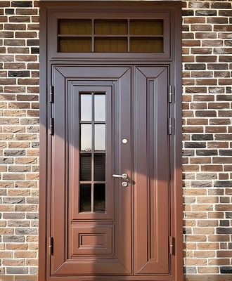 Коричневая уличная дверь с фрамугой